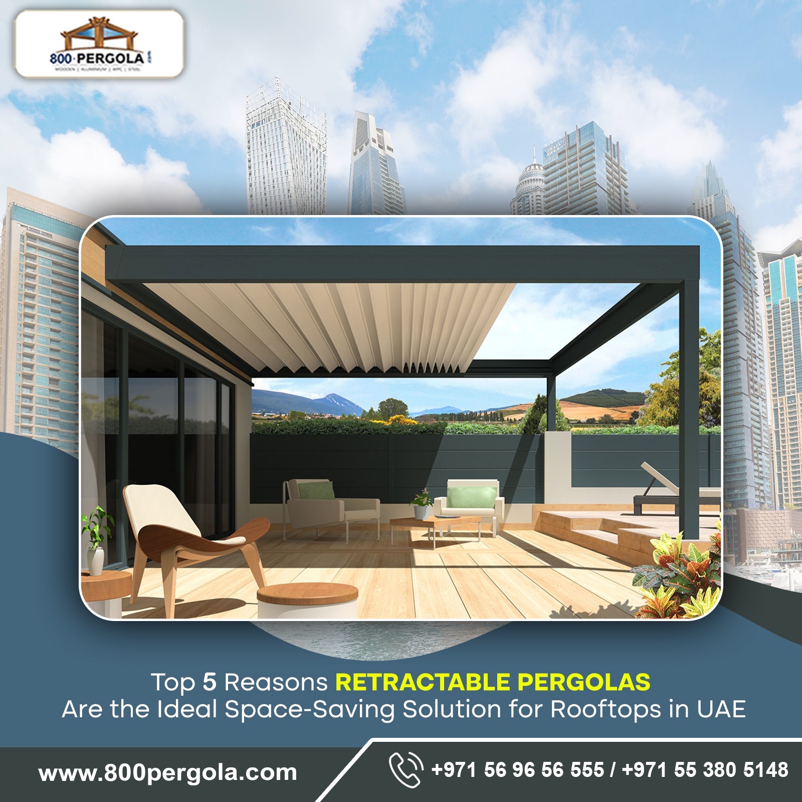 Upgrade your rooftop with a retractable pergola! Enjoy sun & shade on demand with a space-saving, stylish, and smart pergola in UAE.