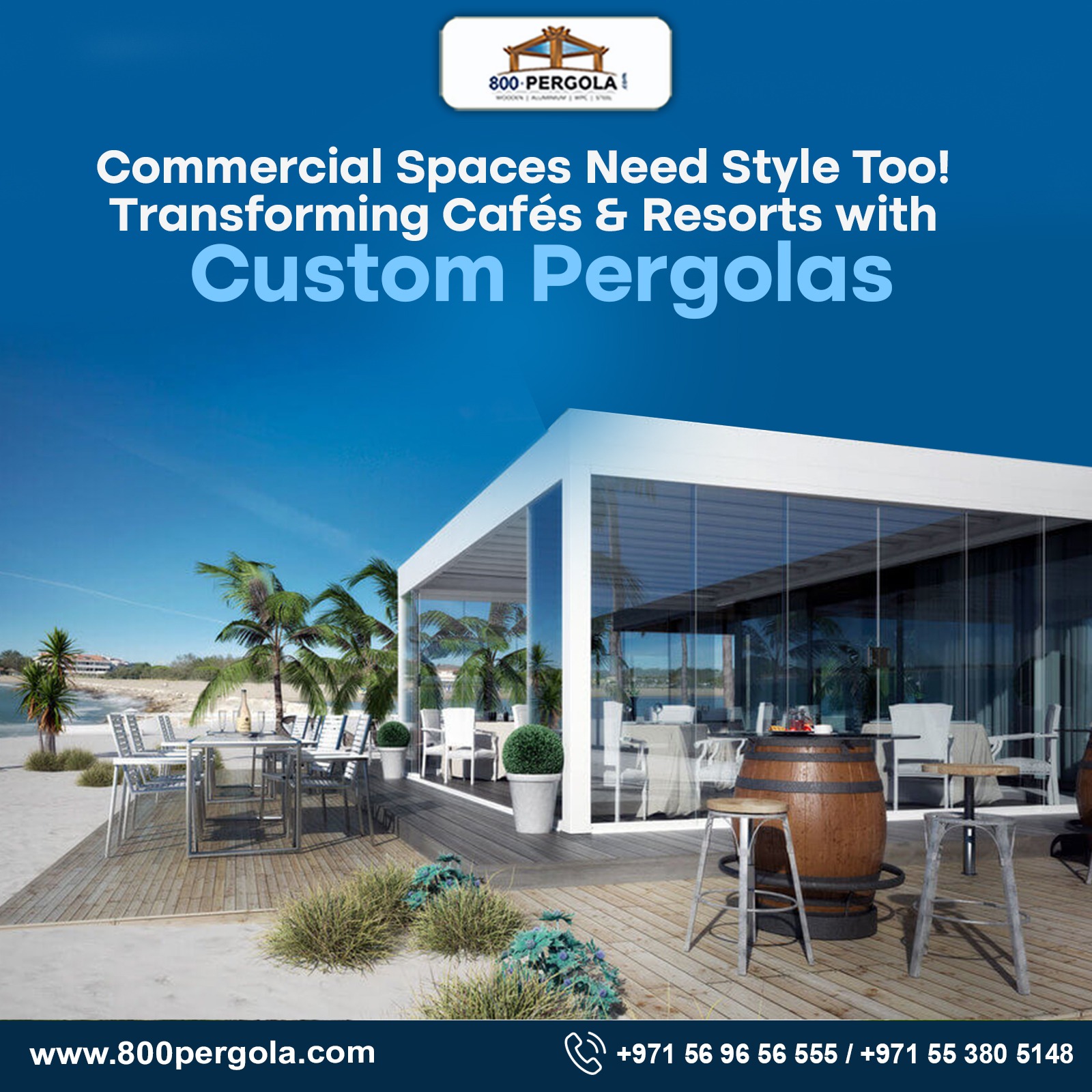 Elevate your café or resort with custom pergolas in Dubai—where style meets function for a luxurious guest experience and standout outdoor design.