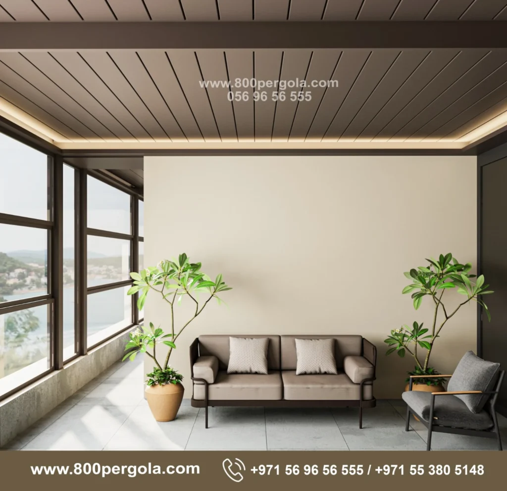 This proposed bioclimatic pergola with guillotine glass offers adjustable shade, natural ventilation, and seamless enclosure creating a flexible outdoor space that works in every season.