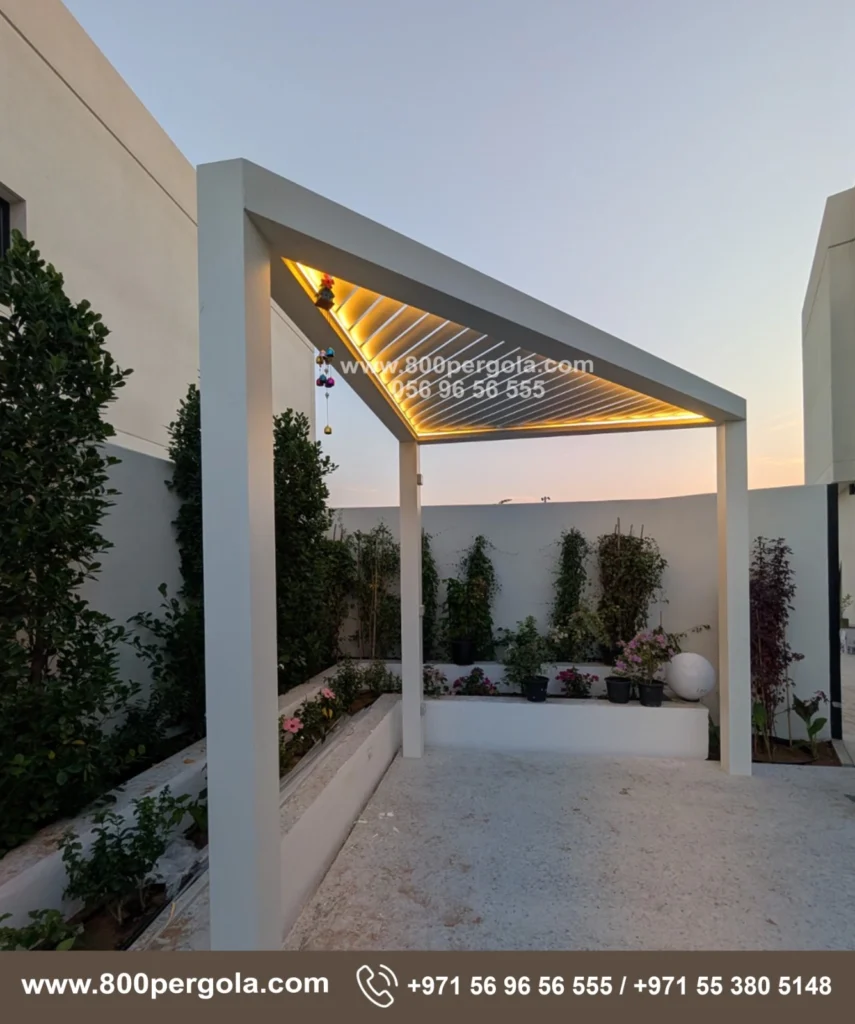 A uniquely designed triangle-shaped fixed louvered pergola has been completed for our client at Yas Island, perfectly fitting the outdoor layout. The distinctive shape, clean architectural lines, and structured shade add both comfort and modern style to the space.