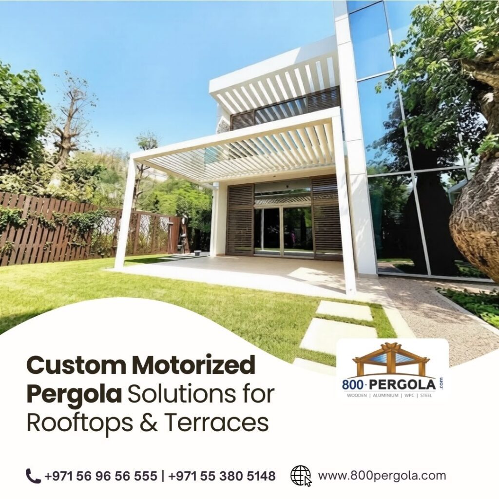 Custom motorized pergola solutions for rooftops and terraces offering smart shade, comfort, and modern outdoor living in Dubai.