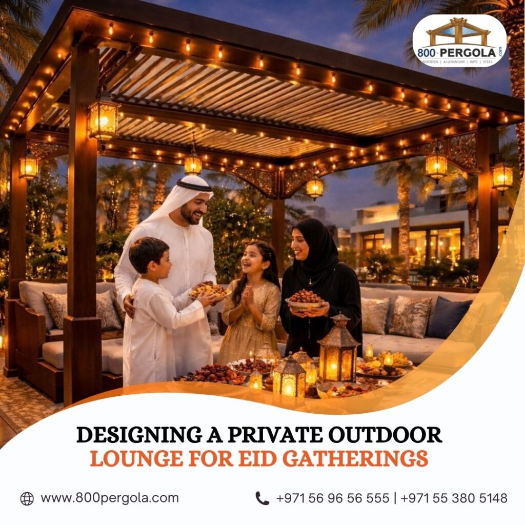 Design a private outdoor lounge for Eid gatherings with stylish pergolas, comfortable seating, and elegant lighting. Create the perfect space for family celebrations.