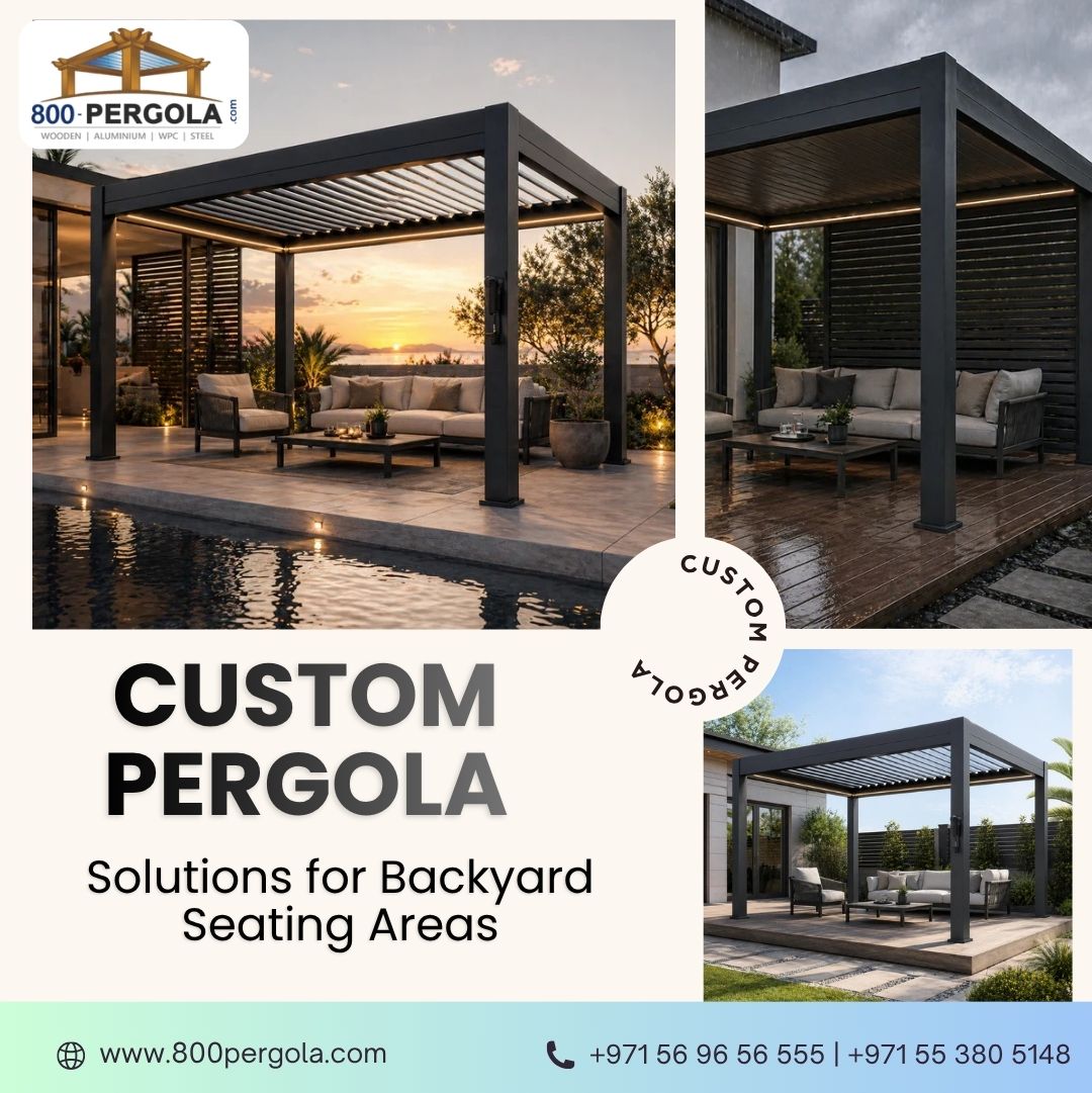 Create a comfortable backyard seating area with custom pergola solutions in Dubai. Explore stylish wooden, aluminium, and retractable pergolas by 800PERGOLA.