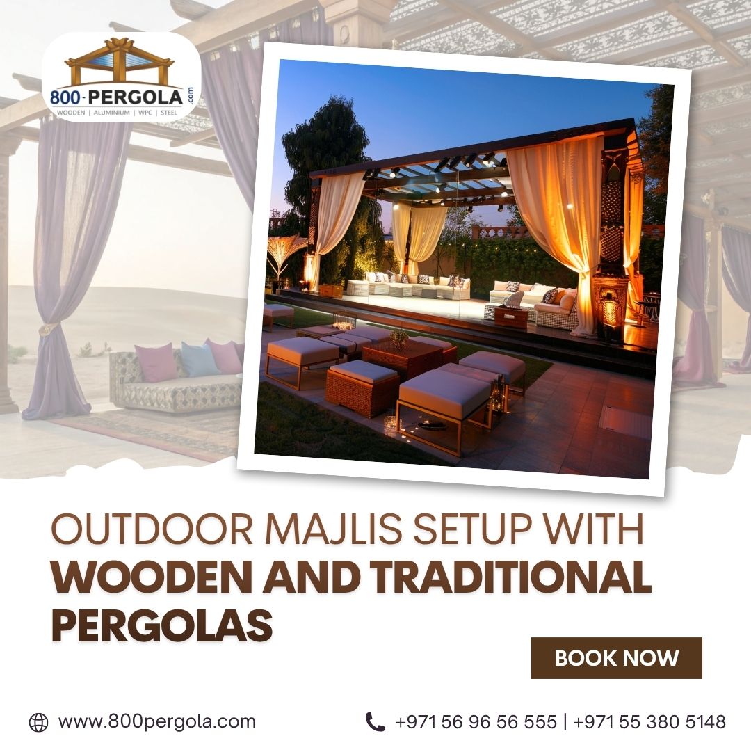 Create a traditional outdoor majlis with wooden pergolas in Dubai. Stylish shade, cultural design, and durable structures for villas, gardens, and hospitality spaces.